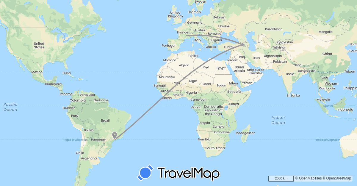 TravelMap itinerary: driving, plane in Armenia, Brazil, France (Asia, Europe, South America)
